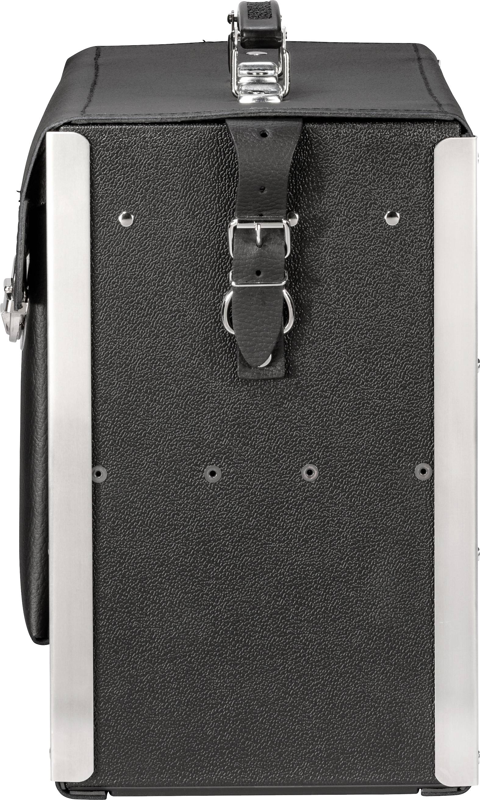 Black leather bag with silver metal embellishments and side buckles.