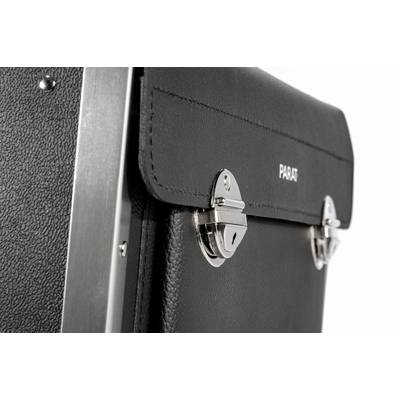 Black leather bag with metal fastenings and the word 'PARAT' printed on the front.