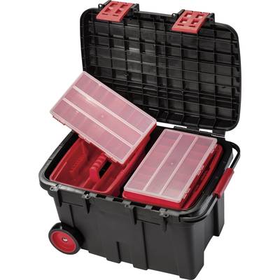 A black toolbox on wheels with an open lid. Two red, transparent drawers with multiple compartments are visible inside.