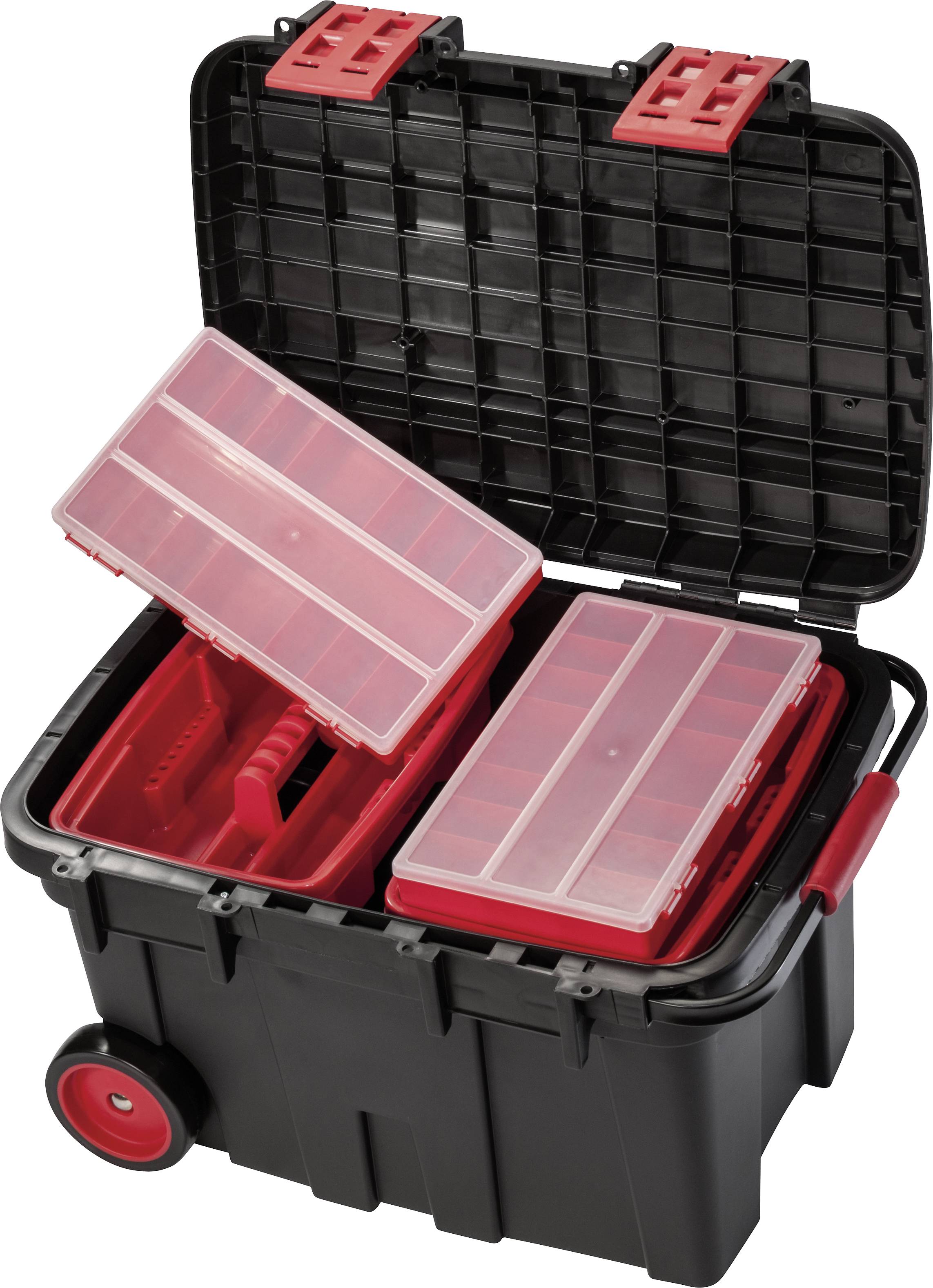 Black tool case with an open lid, two red removable compartments with transparent covers. On wheels for easy transportation.
