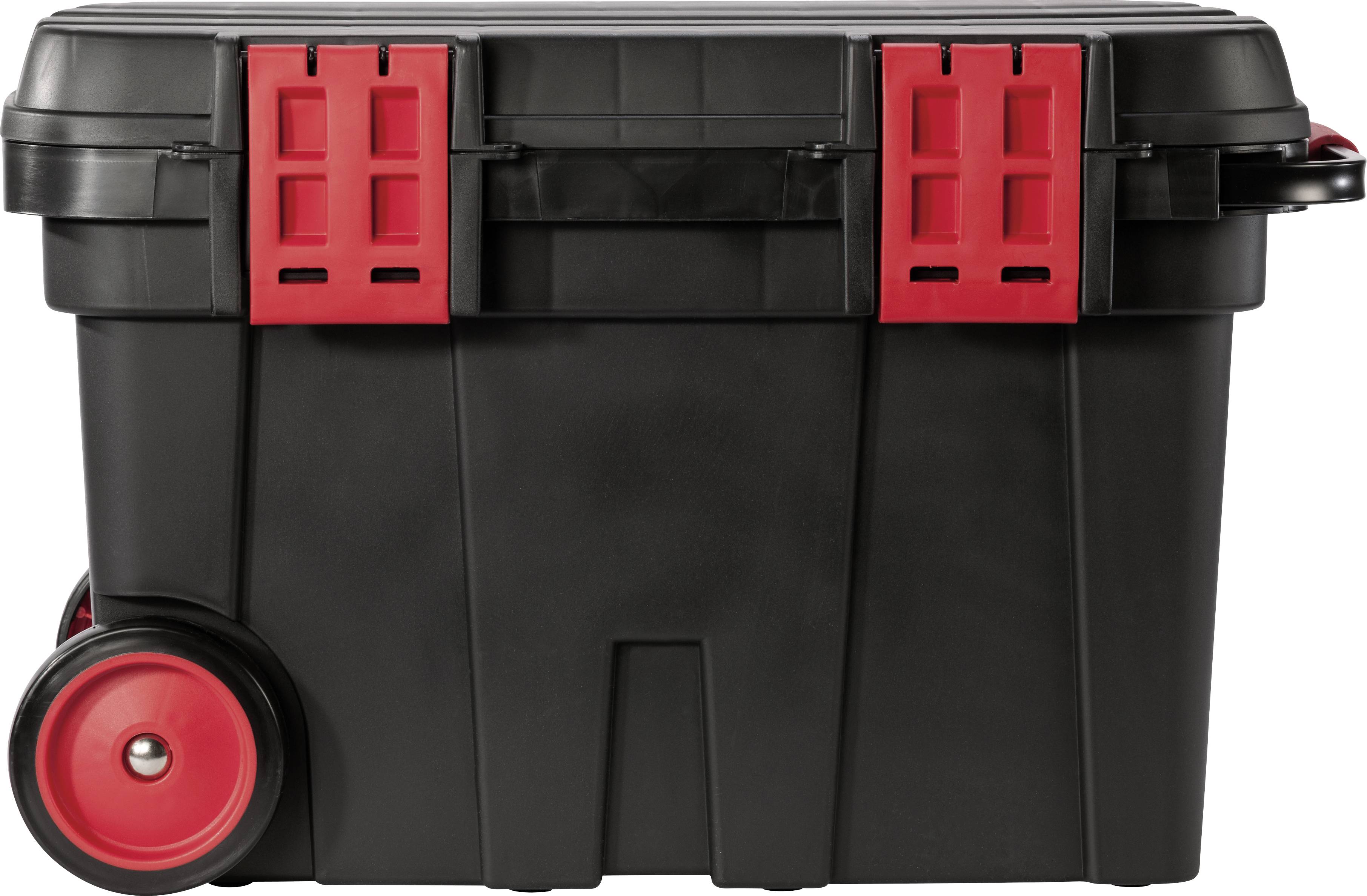 Large black tool box with red lock and wheels, suitable for mobility and tool storage.