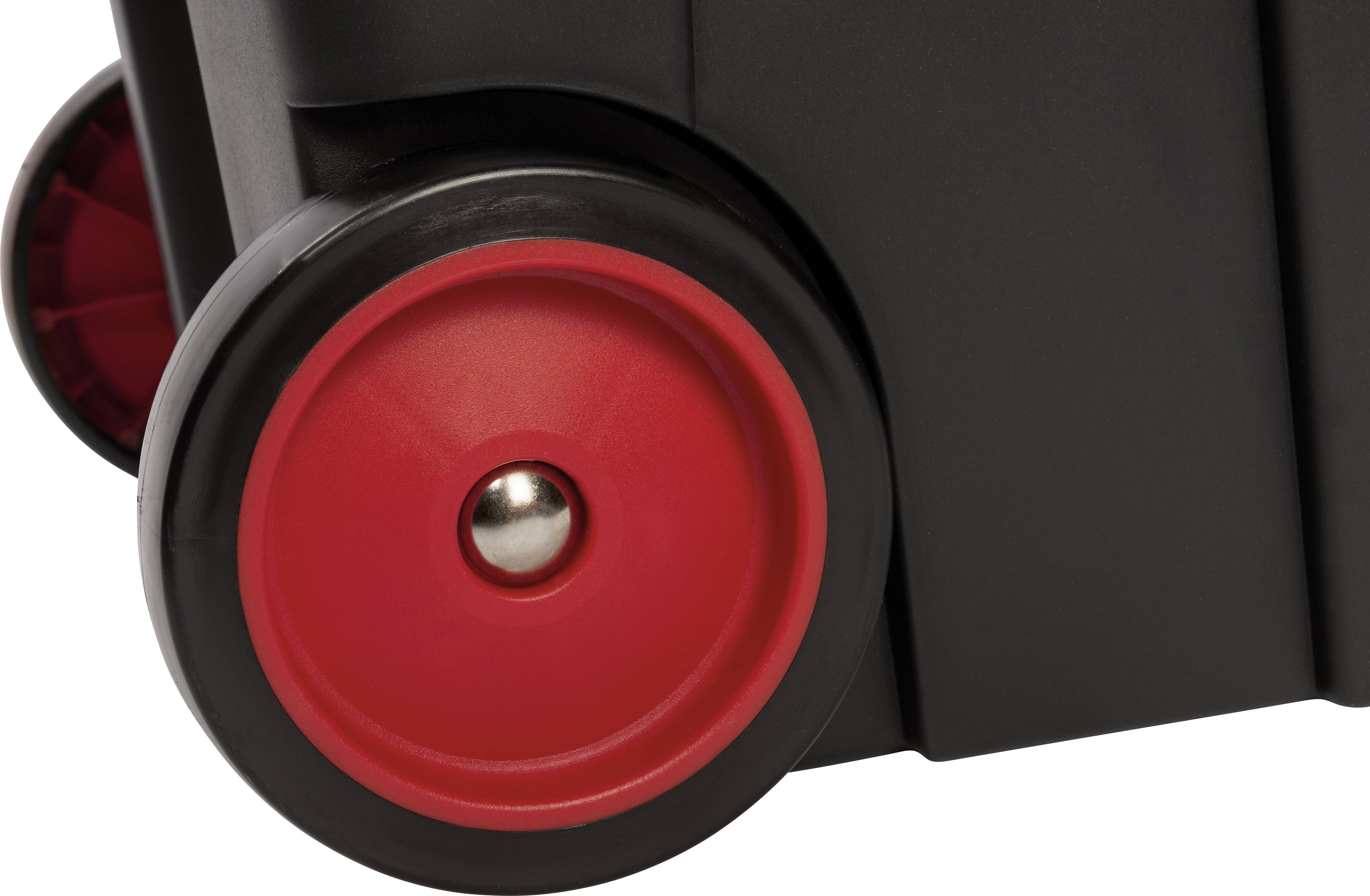 Red and black wheels of a plastic container, close-up.