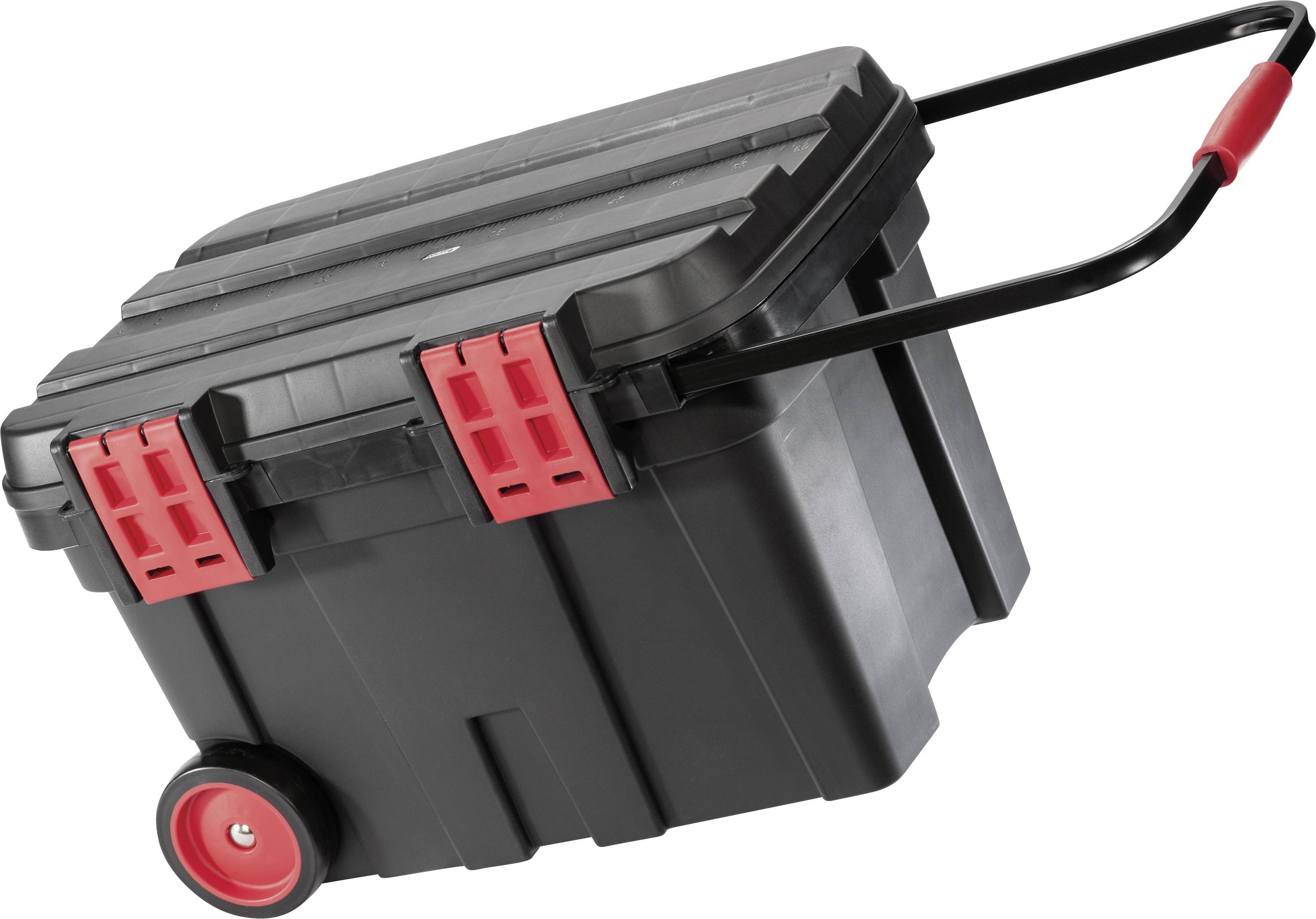 Black tool chest with wheels and extendable handle, suitable for transporting tools or materials.