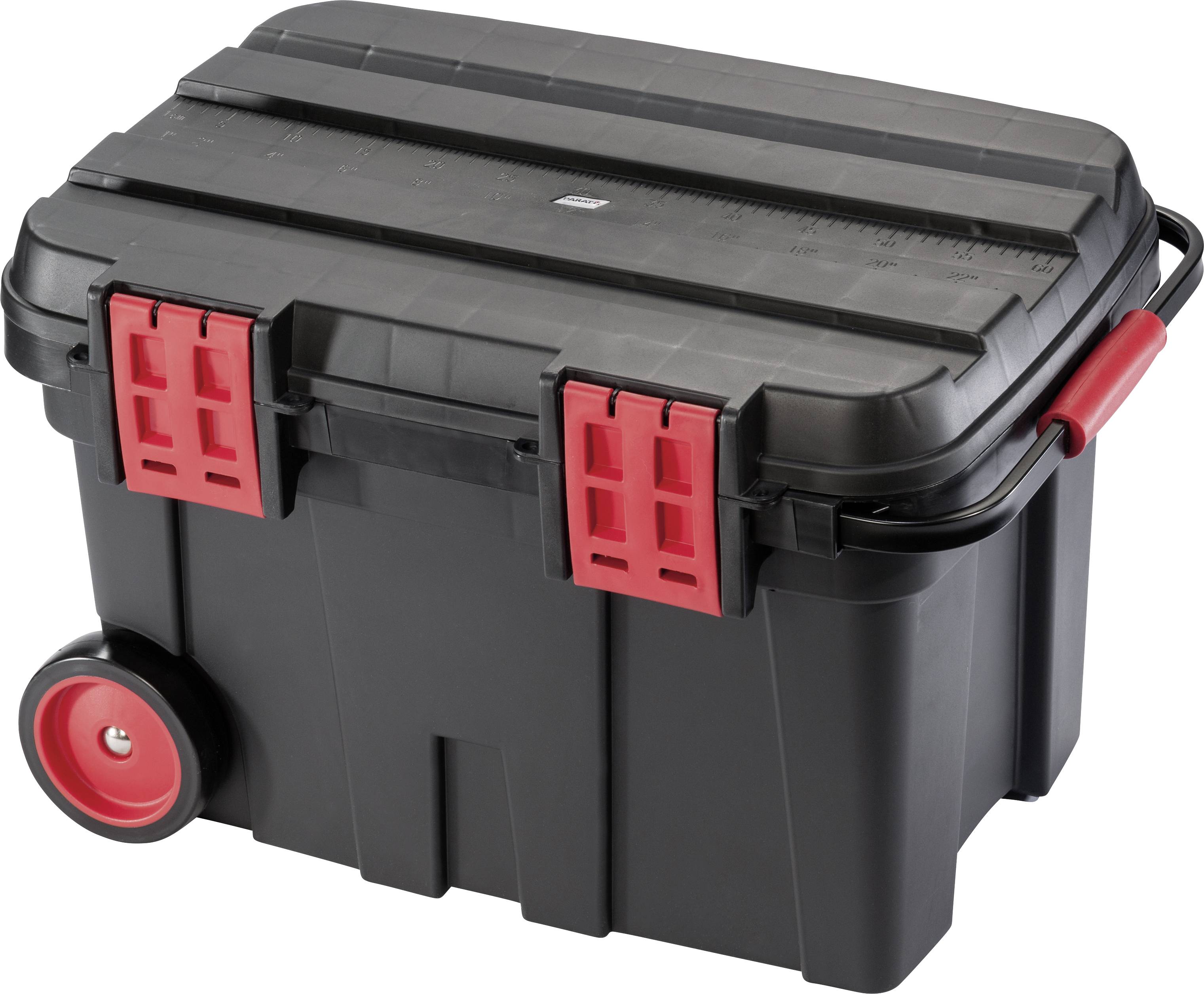 Black tool box on wheels with red locks, carry handle and ruler on the lid. Ideal for storing and transporting tools.