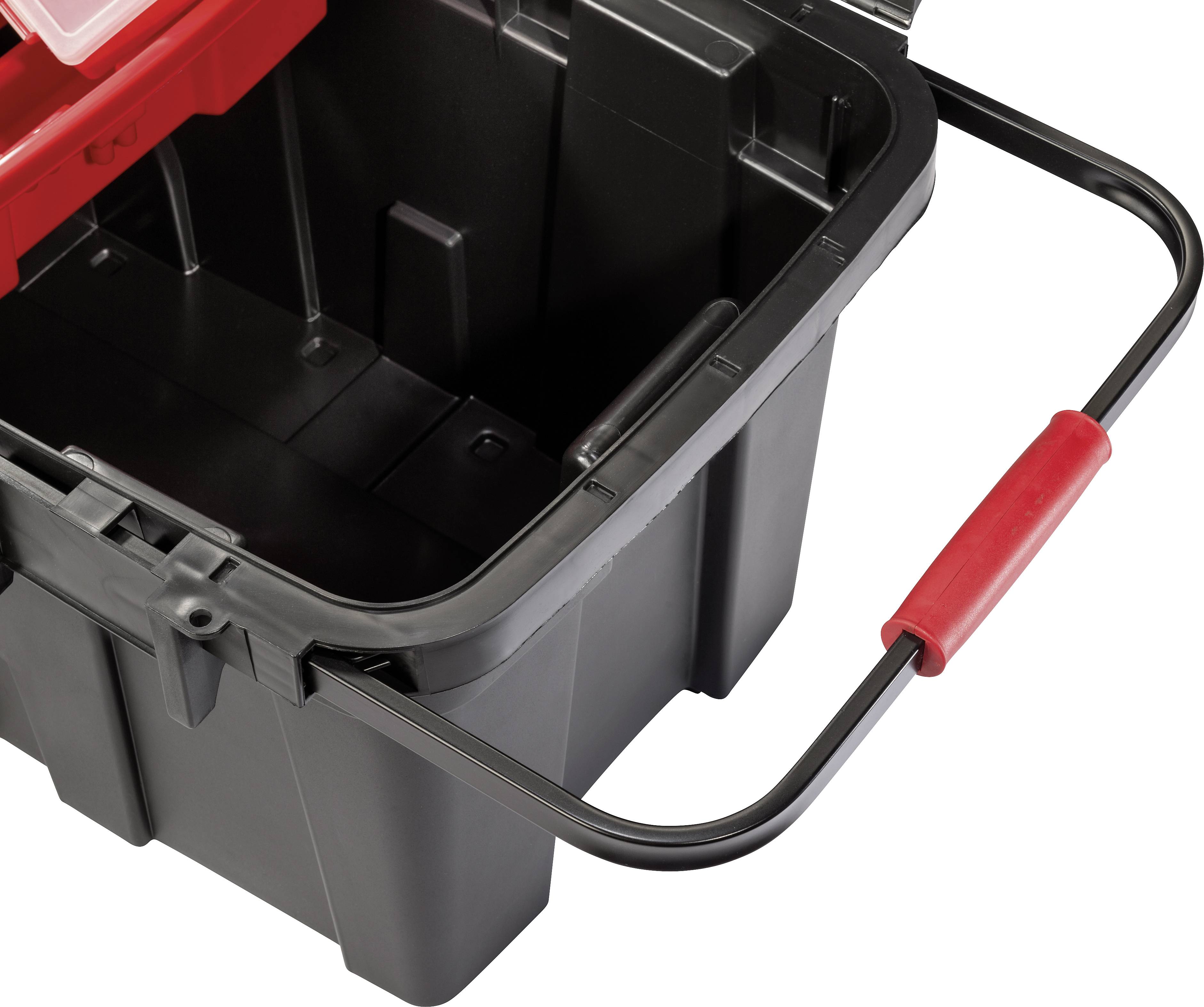 Black plastic container with a red lid and red handle. The container is empty and open, showing its interior and handles.
