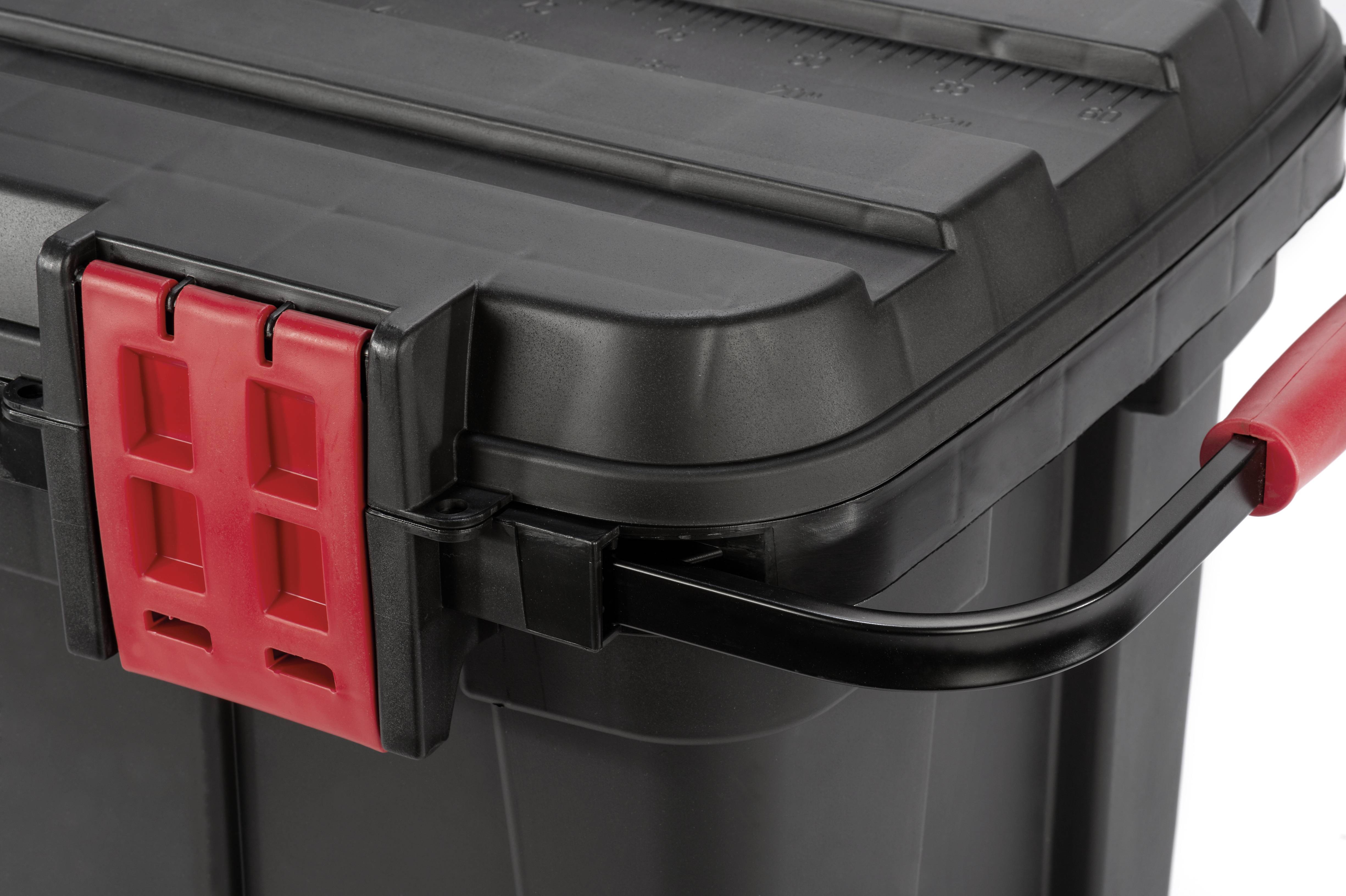 Black plastic container with red caps and handle, suitable for tool storage or transport when securely closed.
