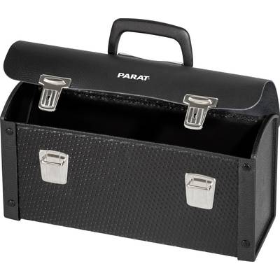 Black tool case with handle and two metal latches, slightly open, showing smooth, structured design.