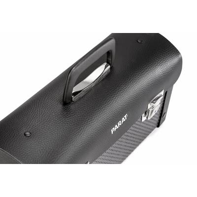 Black, rectangular suitcase with a shiny handle and fastening, brand name 'PARAT' on the side.