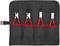 Four red pliers with black handles are arranged in a black tool bag.