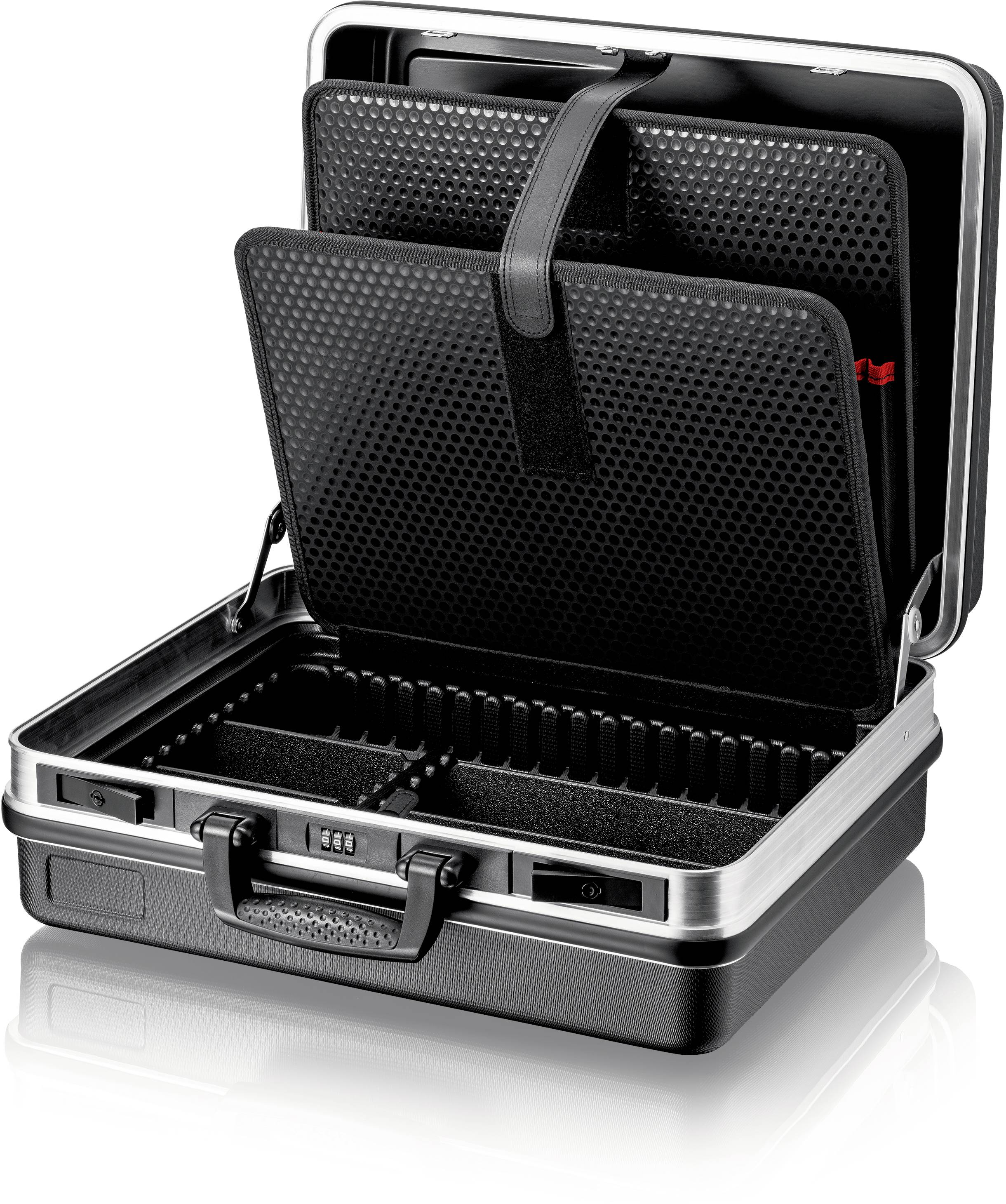 Open black briefcase with multiple compartments, suitable for organising and transporting documents and smaller items.