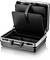 Open black briefcase with multiple compartments, suitable for organising and transporting documents and smaller items.