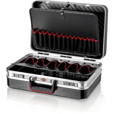 An opened, robust tool case with multiple compartments and elastic holders for tools, black inside with red accents.