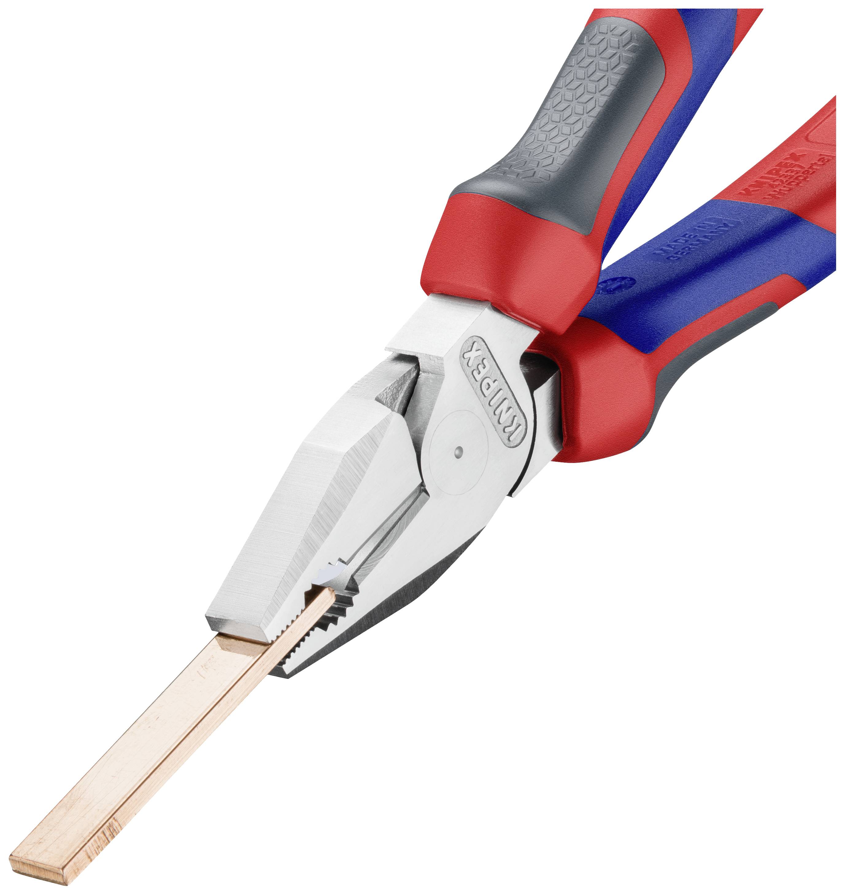 Pliers with red and blue handles holding a copper strip. Tool for craftsmen or DIY work.