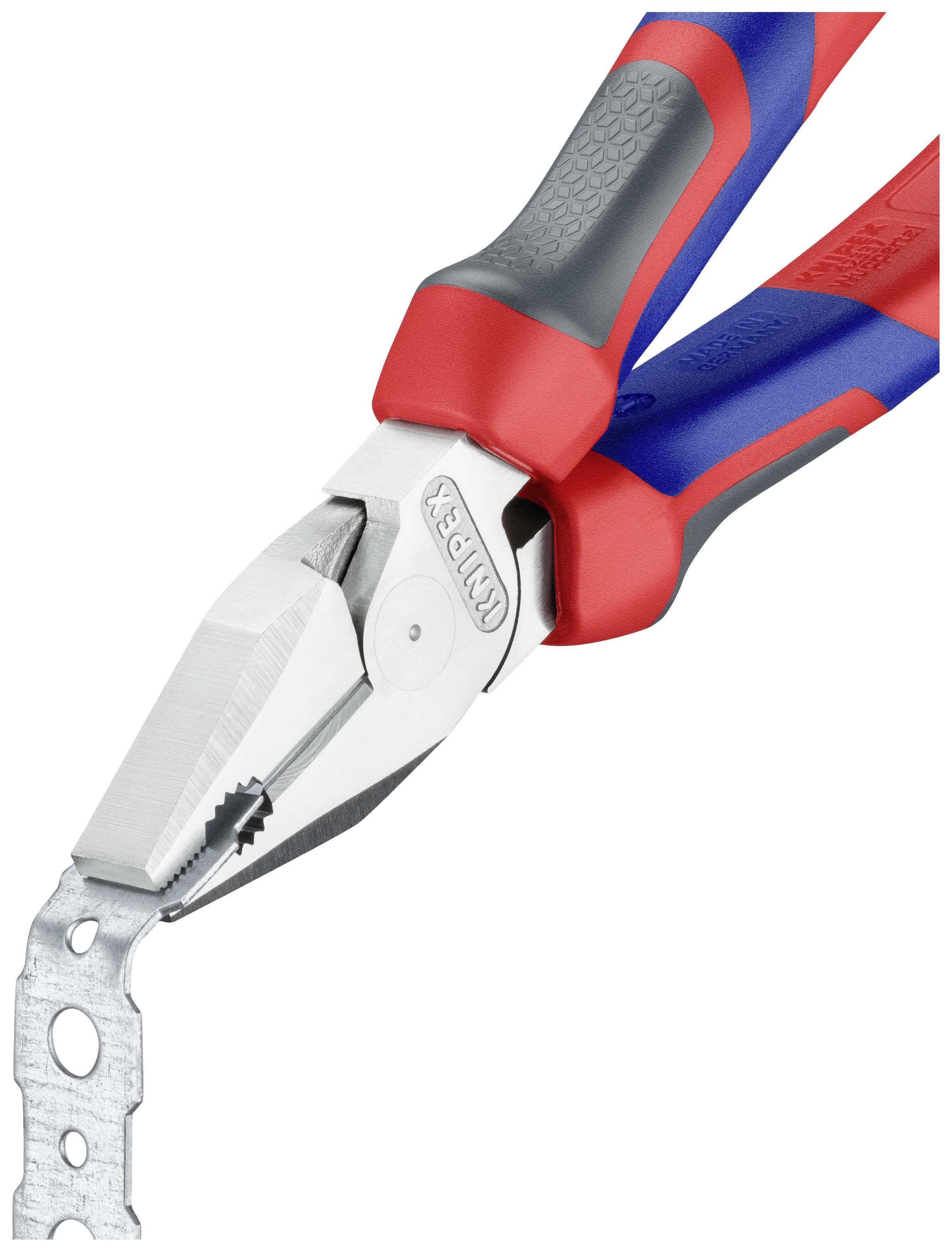 Illustrated is a pair of combination pliers with red and blue handles. The pliers are holding a metal strip with multiple holes, ready to be cut.