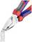 Illustrated is a pair of combination pliers with red and blue handles. The pliers are holding a metal strip with multiple holes, ready to be cut.