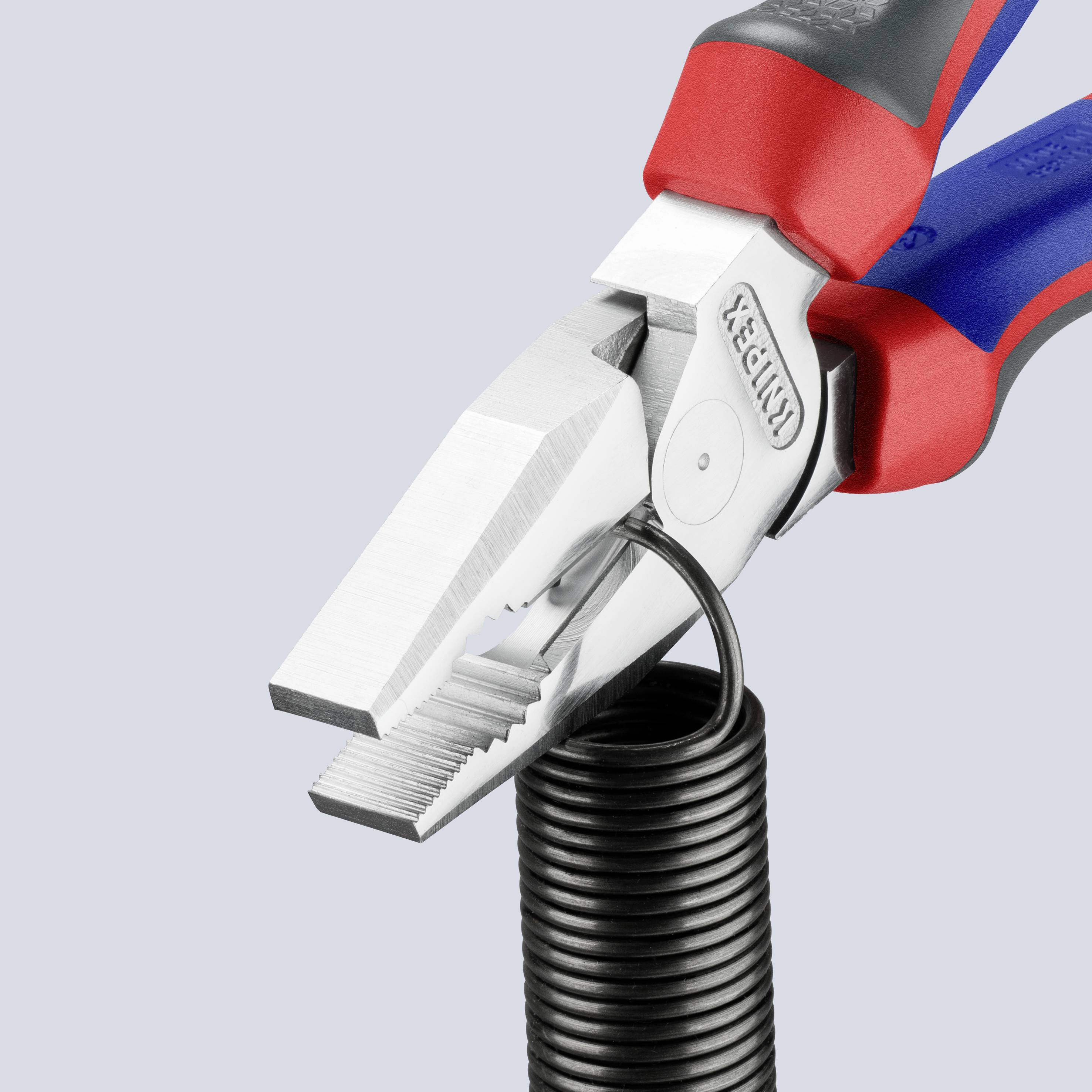 A red and blue pair of pliers holds a black feather. The pliers have silver jaws with serrated edges.