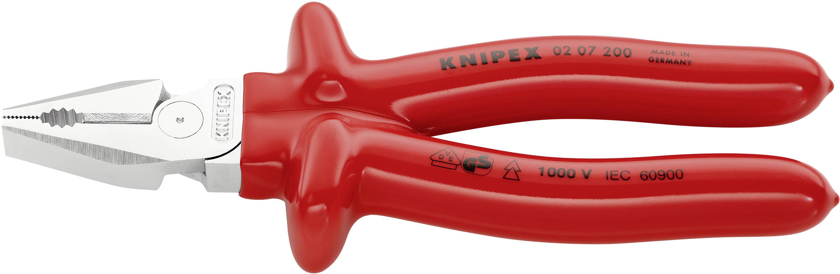 Red Knipex pliers with insulated handles, suitable for work up to 1000 V, manufactured in Germany.