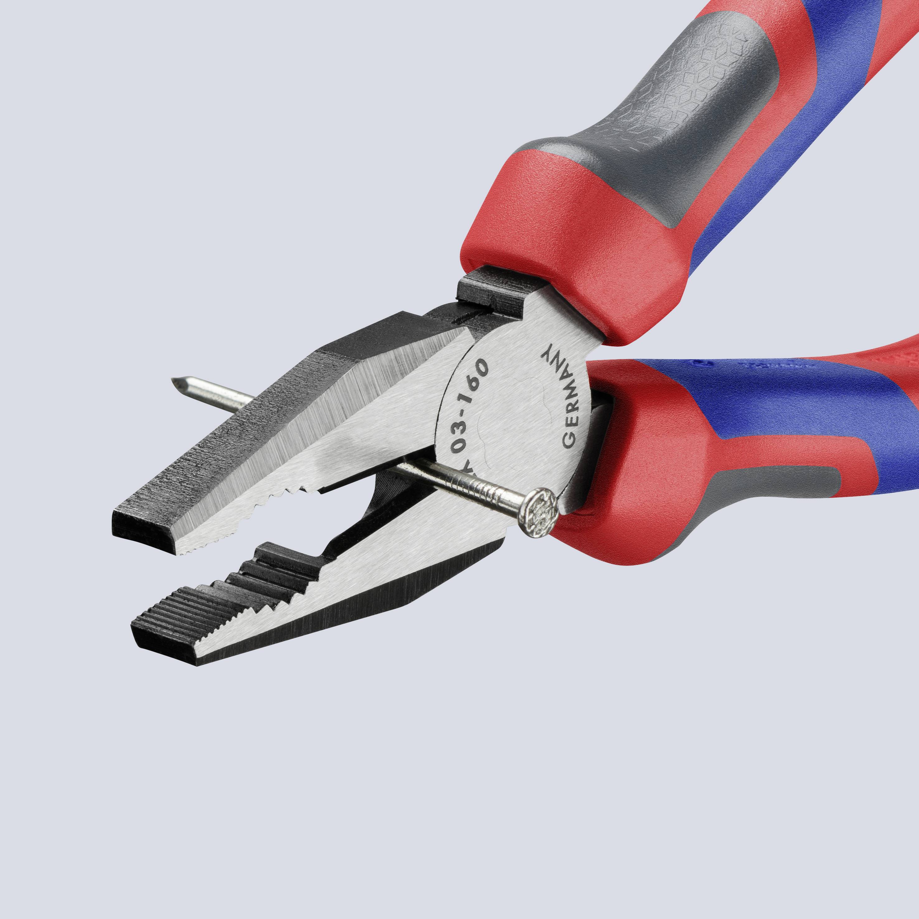 Combination pliers with red and blue handle, half open. The pliers are marked with 'Germany'.
