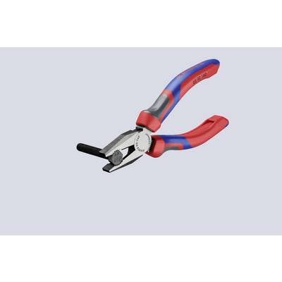 A red and blue pair of pliers is holding a screw. It is placed on a light blue background.
