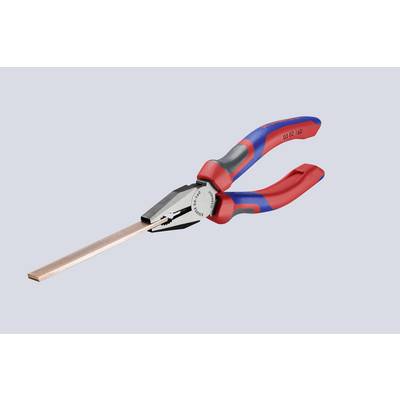 Combination pliers with red and blue handles, holding a flat, copper-coloured metal piece. Suitable for cutting or bending materials.