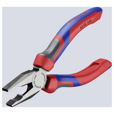 A red and blue combination pliers with grey gripping jaws, half-open. The brand name and model number are visible on the handle.