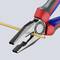 A pair of combination pliers is holding a gold-coloured wire. The pliers have red and blue handles.