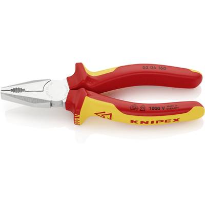 A red and yellow combination pliers by Knipex, made from insulated material for work up to 1000 V, with a knurled steel head.