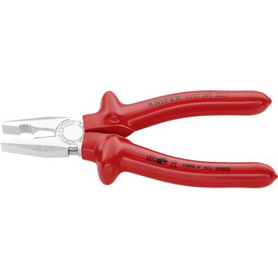 Red insulated pliers by Knipex with open jaw, suitable for voltages up to 1000V, with non-slip grip and robust design.