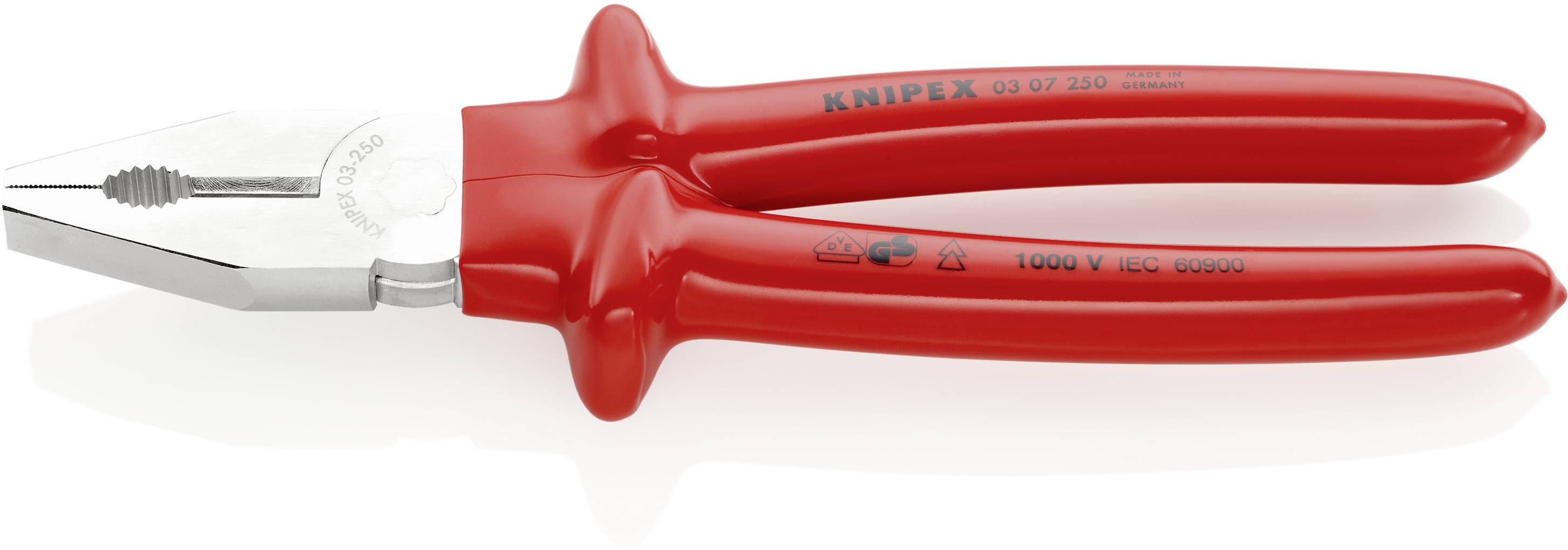Red KNIPEX combination pliers with insulated handles and bare jaws, suitable for working with electrical voltages up to 1000 volts.