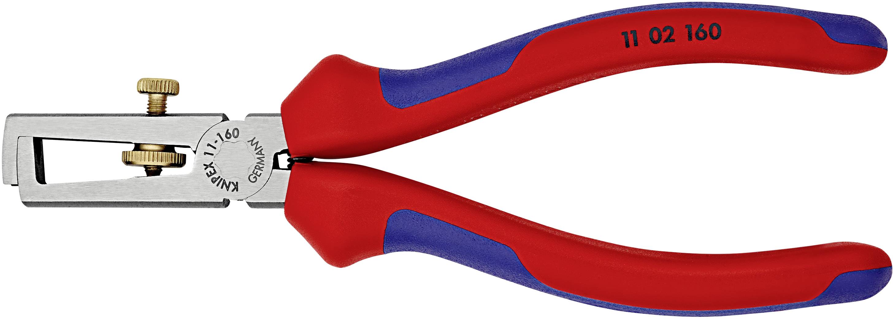 Red and blue wire stripping tool with adjustable screw, suitable for removing insulation from electrical wires.