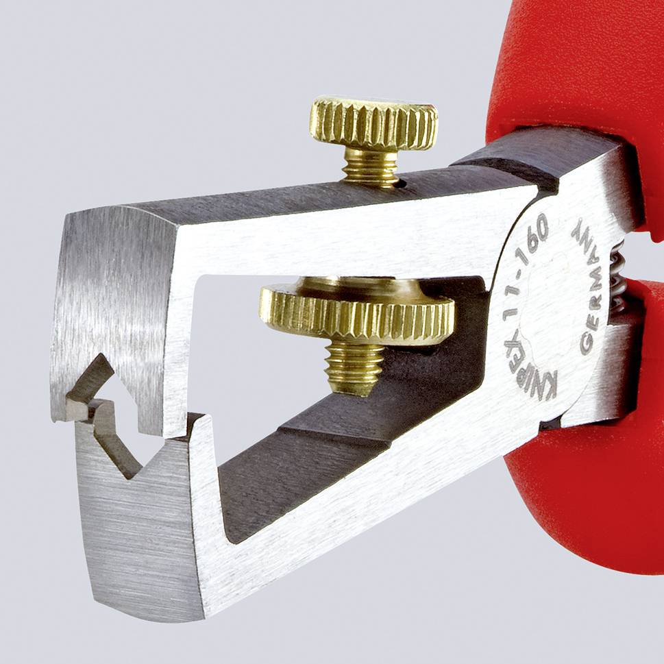 Silver wire strippers with a red handle, yellow adjustment screws, and 'GERMANY' engraving, suitable for precise cable cutting.