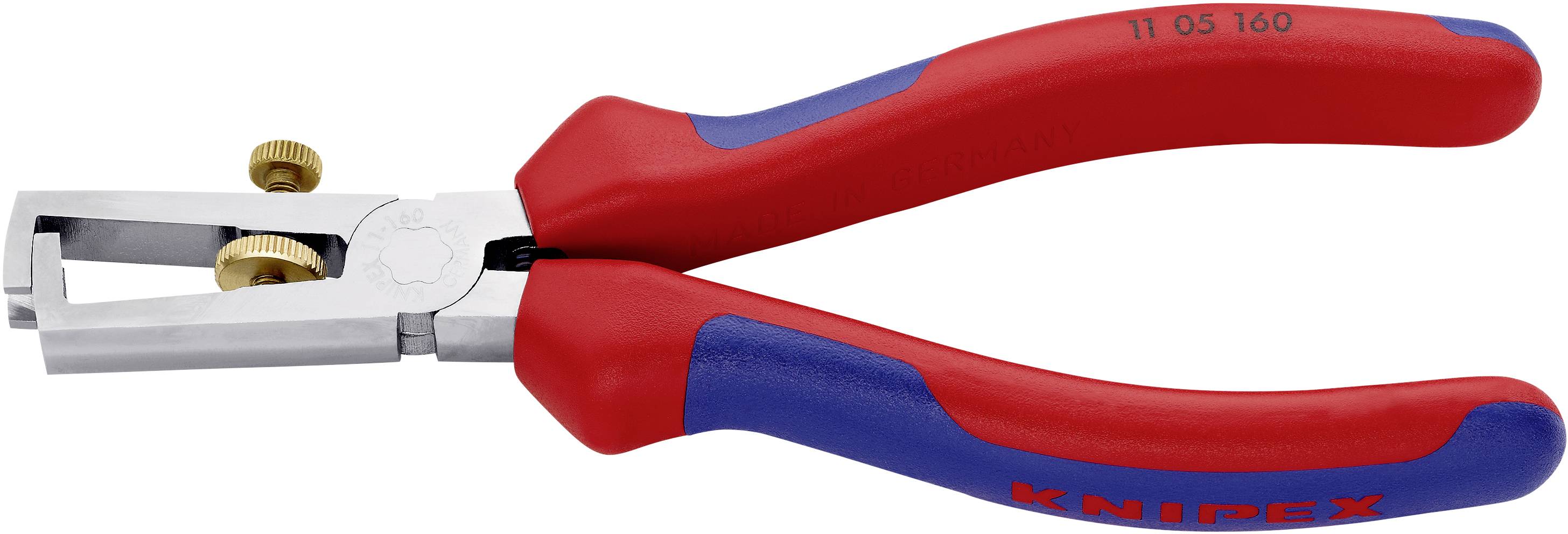 Red and blue wire strippers with metal adjustment screws, used for removing insulation material from electrical wires.