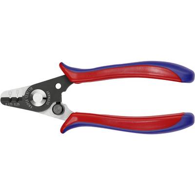 Wire strippers with red and blue handles, for stripping cables. Suitable for wires with diameters of 0.125 mm and 0.25 mm.