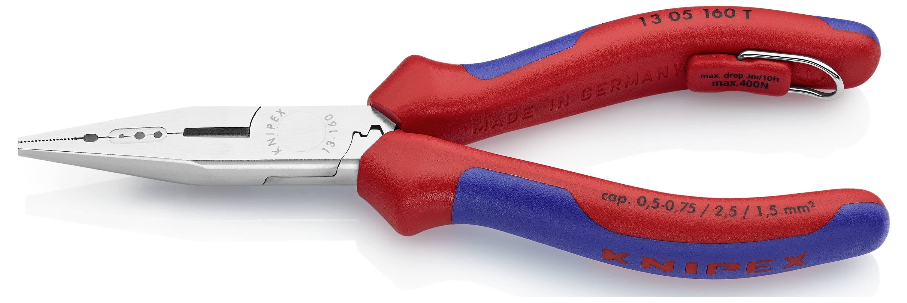 A red and blue combination pliers by Knipex, with insulated handles and steel jaws, suitable for electrical work.