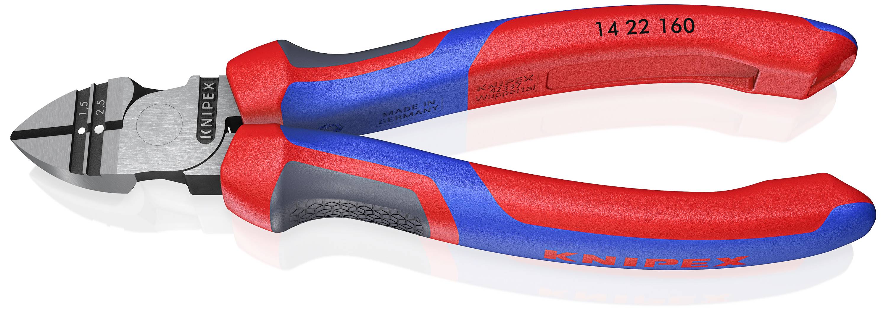 Side cutters by Knipex with red and blue handles, model number 14 22 160, for precise cutting of wires and cables.