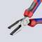 A combination pliers with a red and blue handle lies on a grey background. It has knurled jaws for better grip.