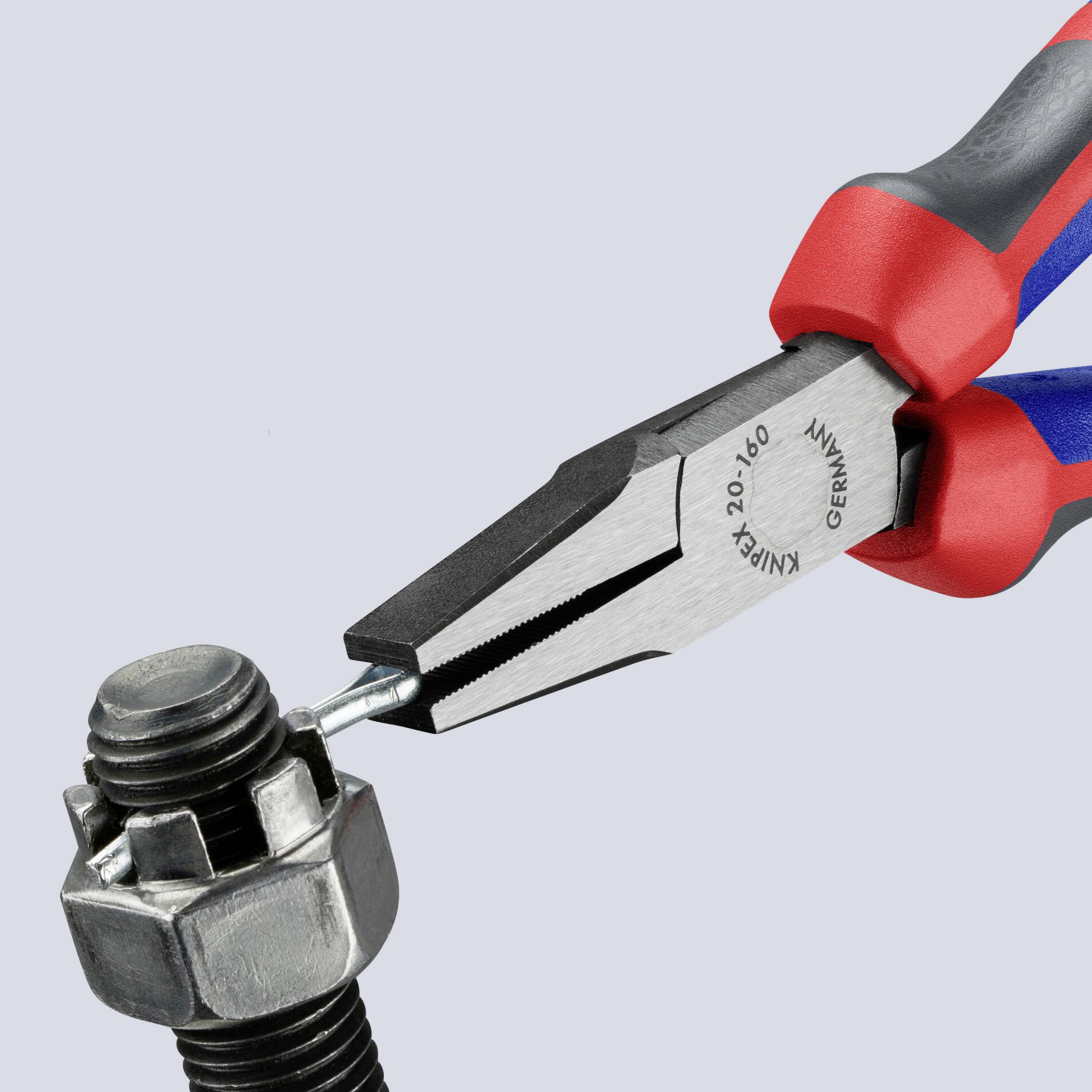 A pair of pliers grips a nut; it is attached to a screw. The pliers have red and blue handles.