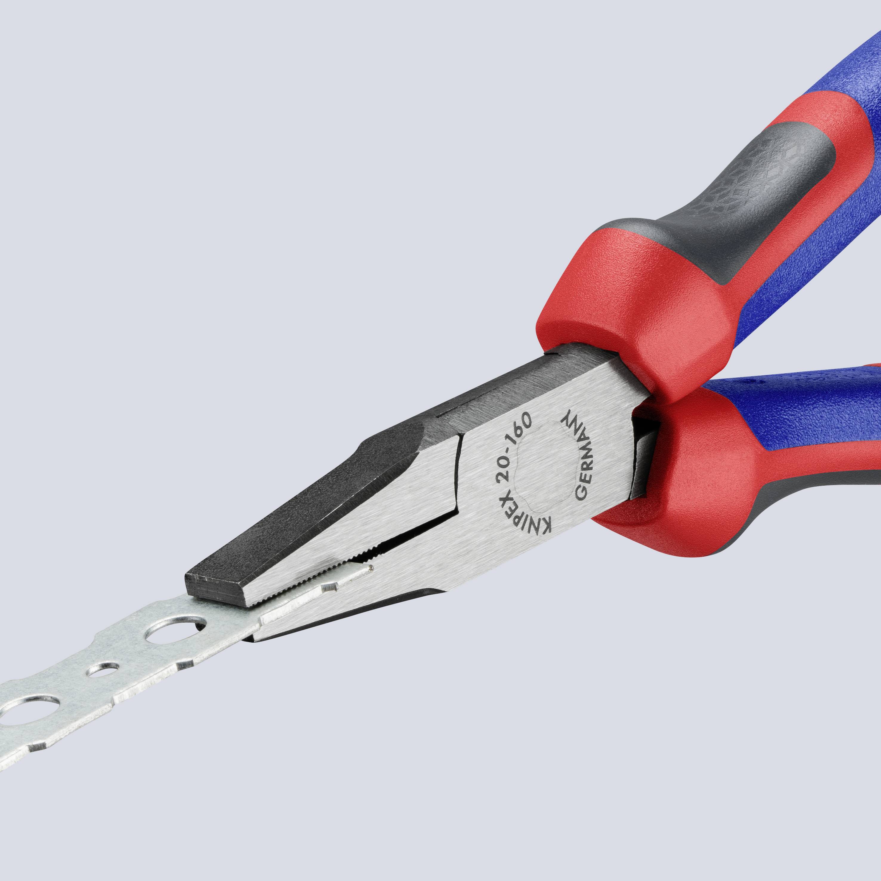 A pair of red and blue combination pliers is holding a metal strip. The pliers are primarily red with blue accents.