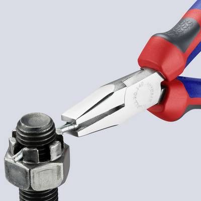 A red and blue pair of pliers grips a rusted bolt with a nut. The pliers are holding the bolt firmly, which is rusty and damaged.