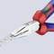 A pair of pliers grips a flat metal part. The pliers have red and blue rubber handles. They are placed against a light background.