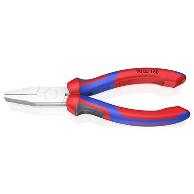 A red and blue combination pliers by Knipex with non-slip handles. It is used for gripping and cutting wire.