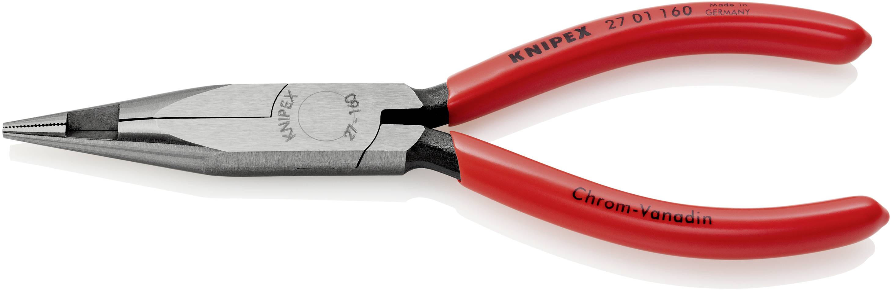 Red flat pliers with narrow, ridged jaws. 'Knipex' and 'Chrome Vanadium' marking on the handles.