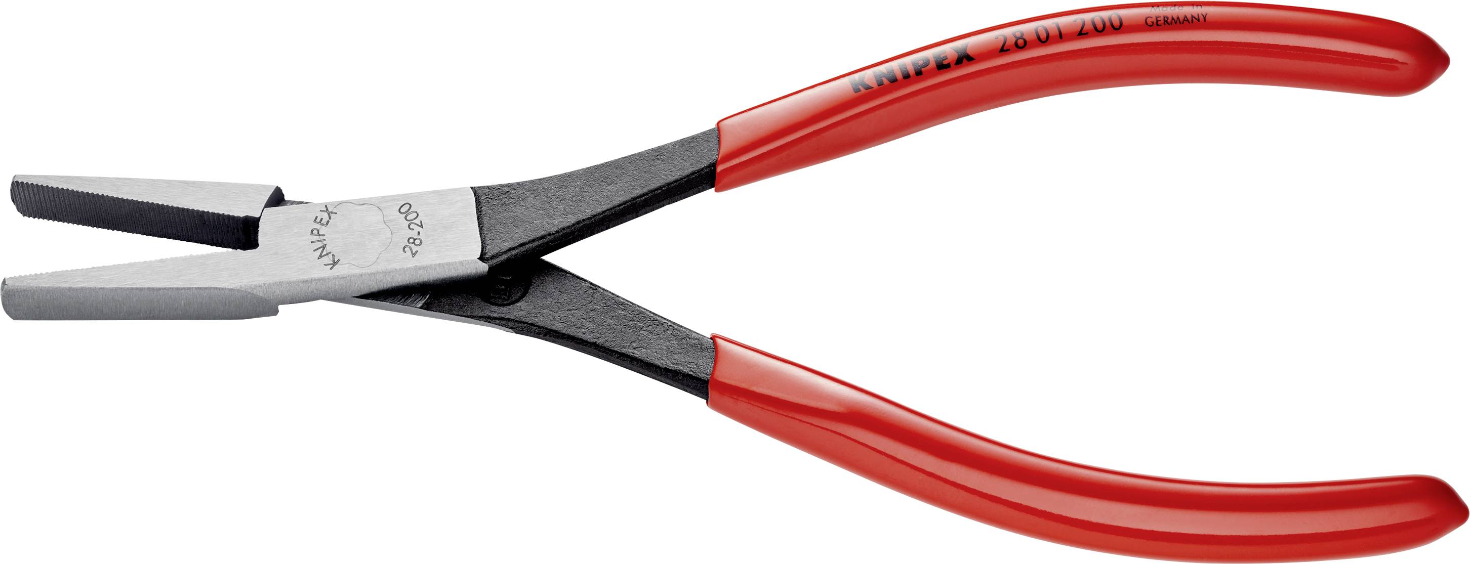 Red flat pliers with rubber-coated handles and straight jaws. Suitable for gripping and bending materials in electrical engineering and craftsmanship.