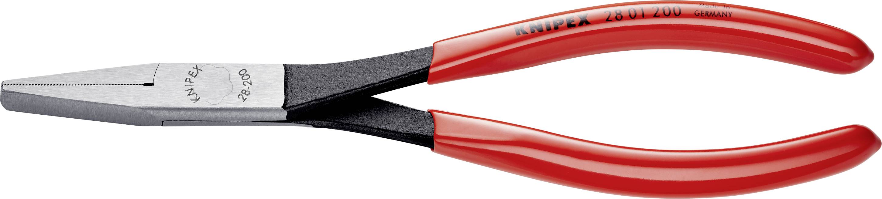 A red, flat pointed pliers with insulated handles, suitable for electrical work.