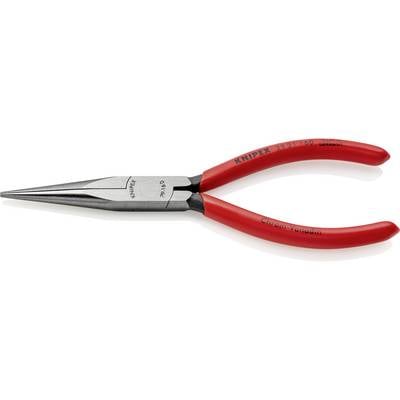 Flat long-nose pliers with long jaws and red handles, brand 'KNIPEX'. Suitable for precise gripping and cutting in tight spaces.