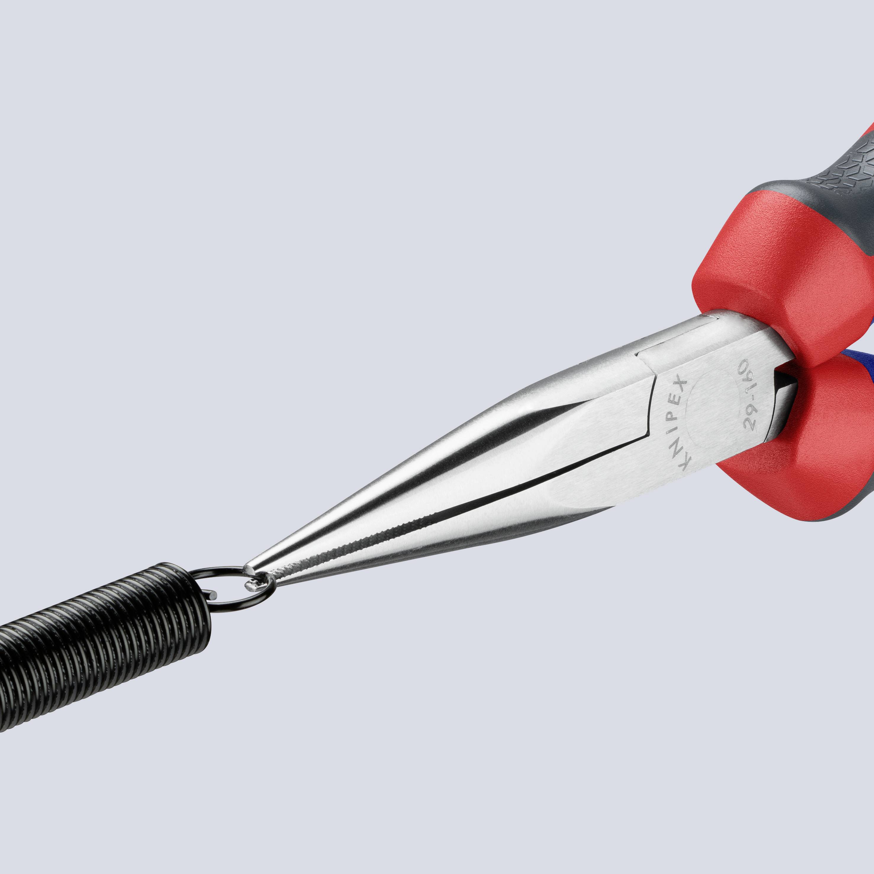 Tweezers with red handles and a long, pointed gripping surface; a spring is attached at the tip. Suitable for precision work.