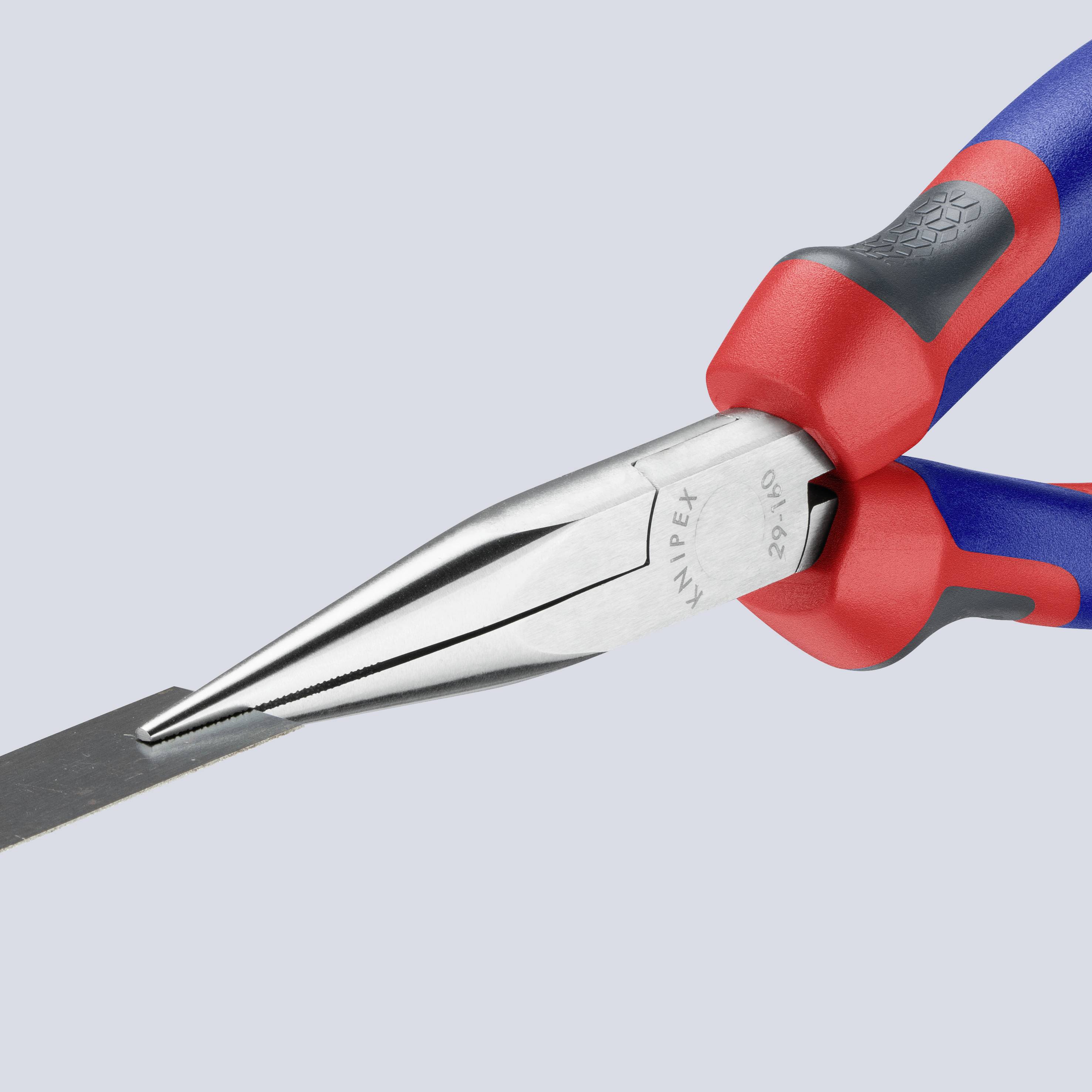 A red and blue flat-nosed pliers grips a thin sheet of metal.