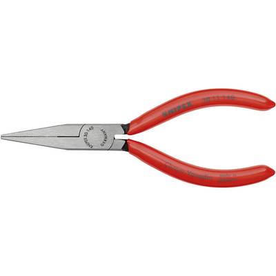 Red flat-nosed pliers with a longer, slender metal head and ribbed handle. 'KNIPEX' and 'Made in Germany' markings. Suitable for precision work.