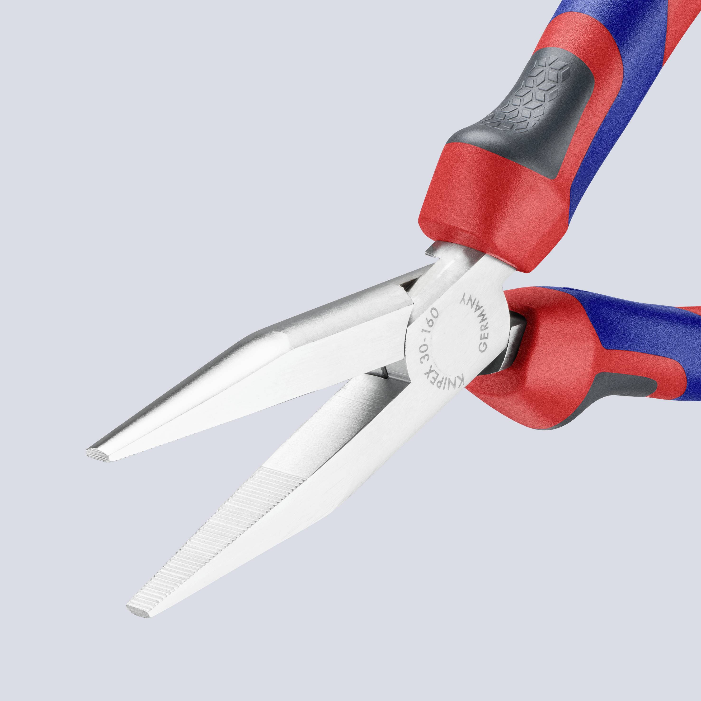 Blue and red pliers with rubber-coated handles on a grey background.