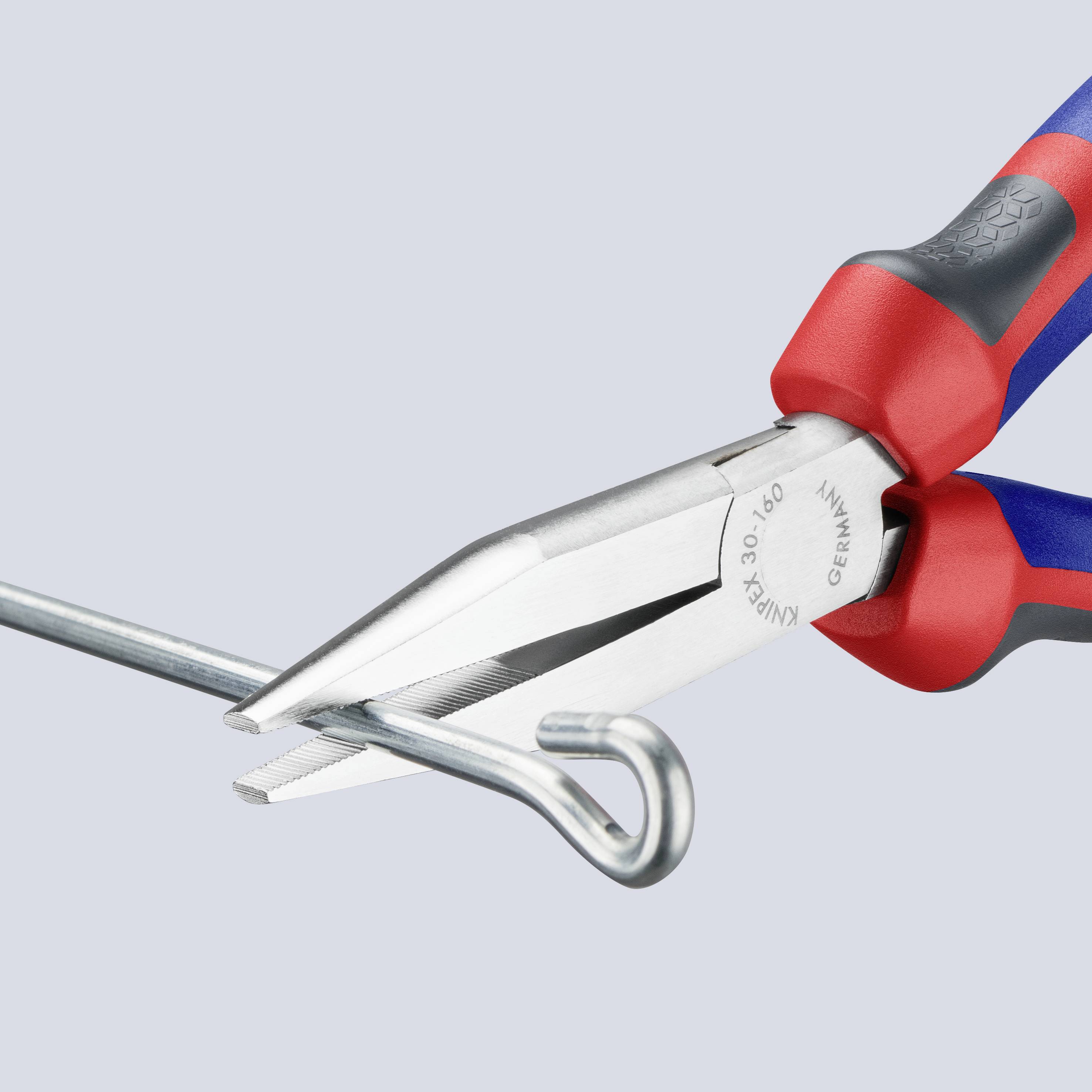 A pair of pliers is holding a bent wire.